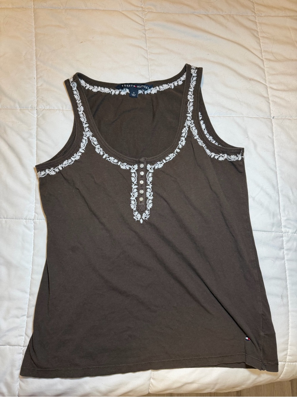 Tommy Hilfiger Chocolate Brown Tank with White Embroidered Trim